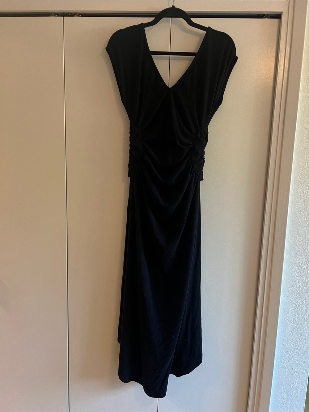 Black V-Neck Ruched Maxi Dress with Low Back